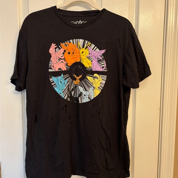 Pokemon Tops - Pokémon Graphic Black T-Shirt Women’s Large 100% Cotton Pink Yellow Blue
